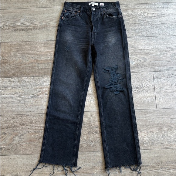 Re/Done Denim - Re/Done Original High Rise Loose Fit Straight Leg Denim Jeans Distressed Raw Hem